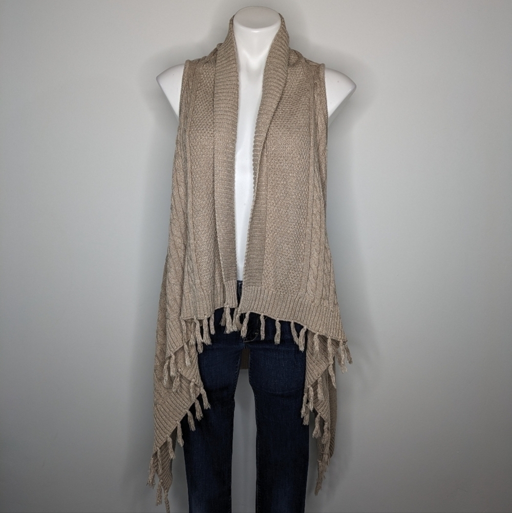 Matilda Jane tan cable knit fringe open cardigan sweater S